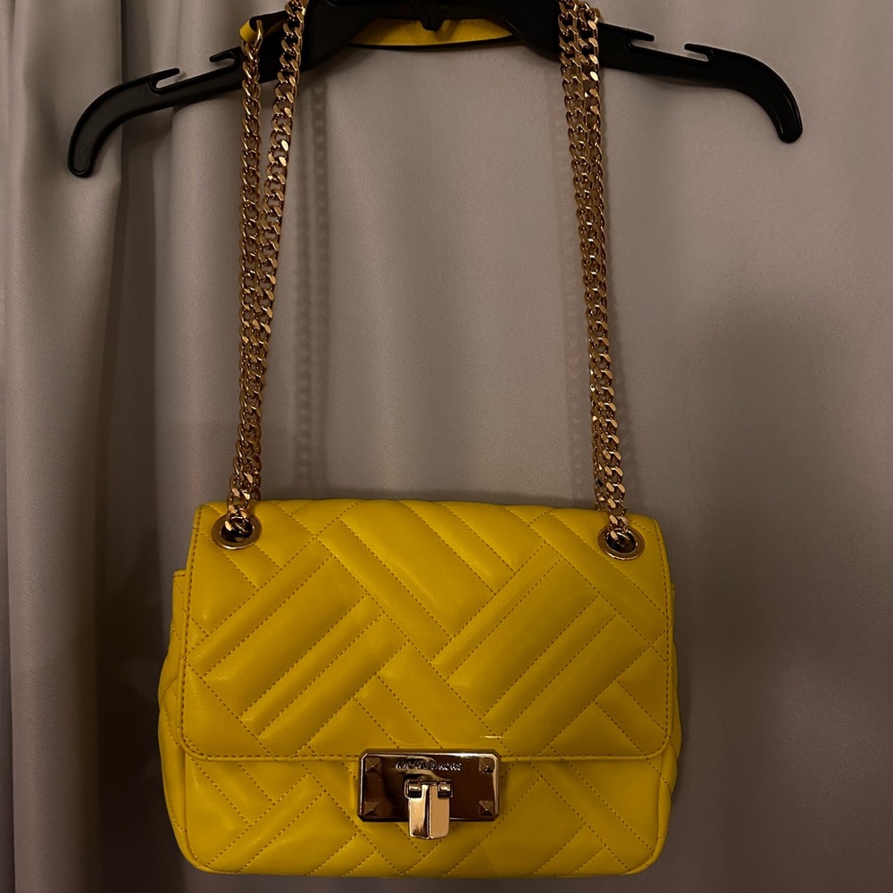 Yellow Quilted Chain Shoulder Bag Vegan Faux Leather